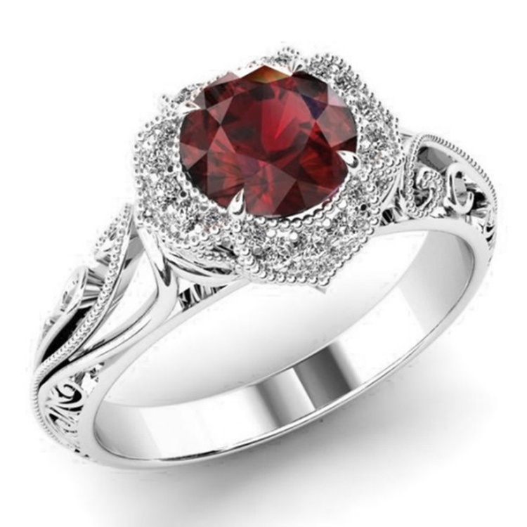 Cincin Rose Gold Motif Ukir Hollow Dengan Zircon Merah Untuk Wanita