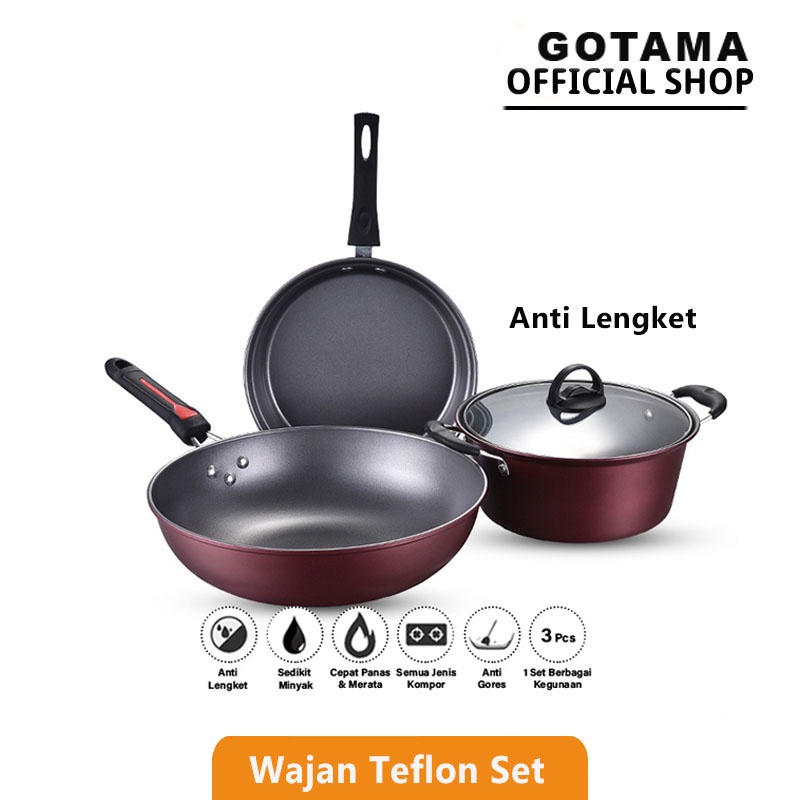 Gotama Panci dan Wajan Penggorengan Teflon Set isi 3 Pcs Anti Lengket