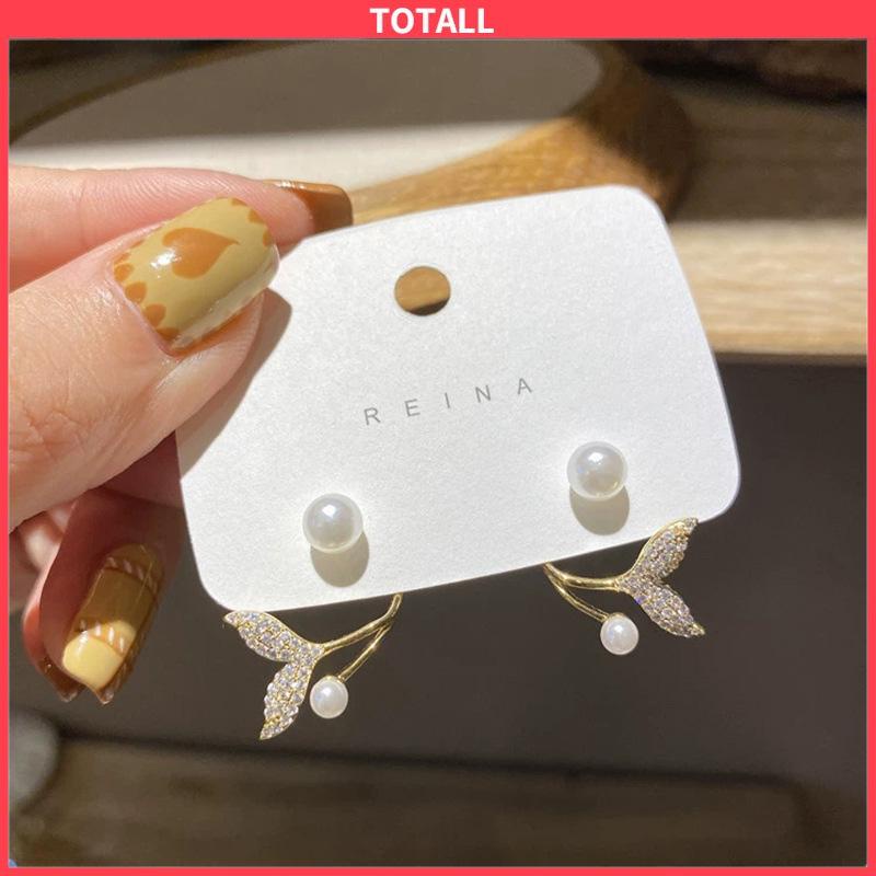 COD 925 Perak Jarum Ikan Korea Ekor Mutiara 2021 Baru Trendi Elegan Fashion Stud Earrings-Totall