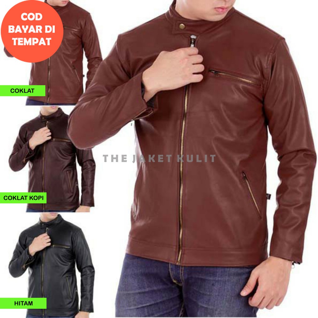 JAKET SEMI KULIT SINTETIS PU LEATHER PRIA WARNA COKLAT, COKLAT KOPI, HITAM