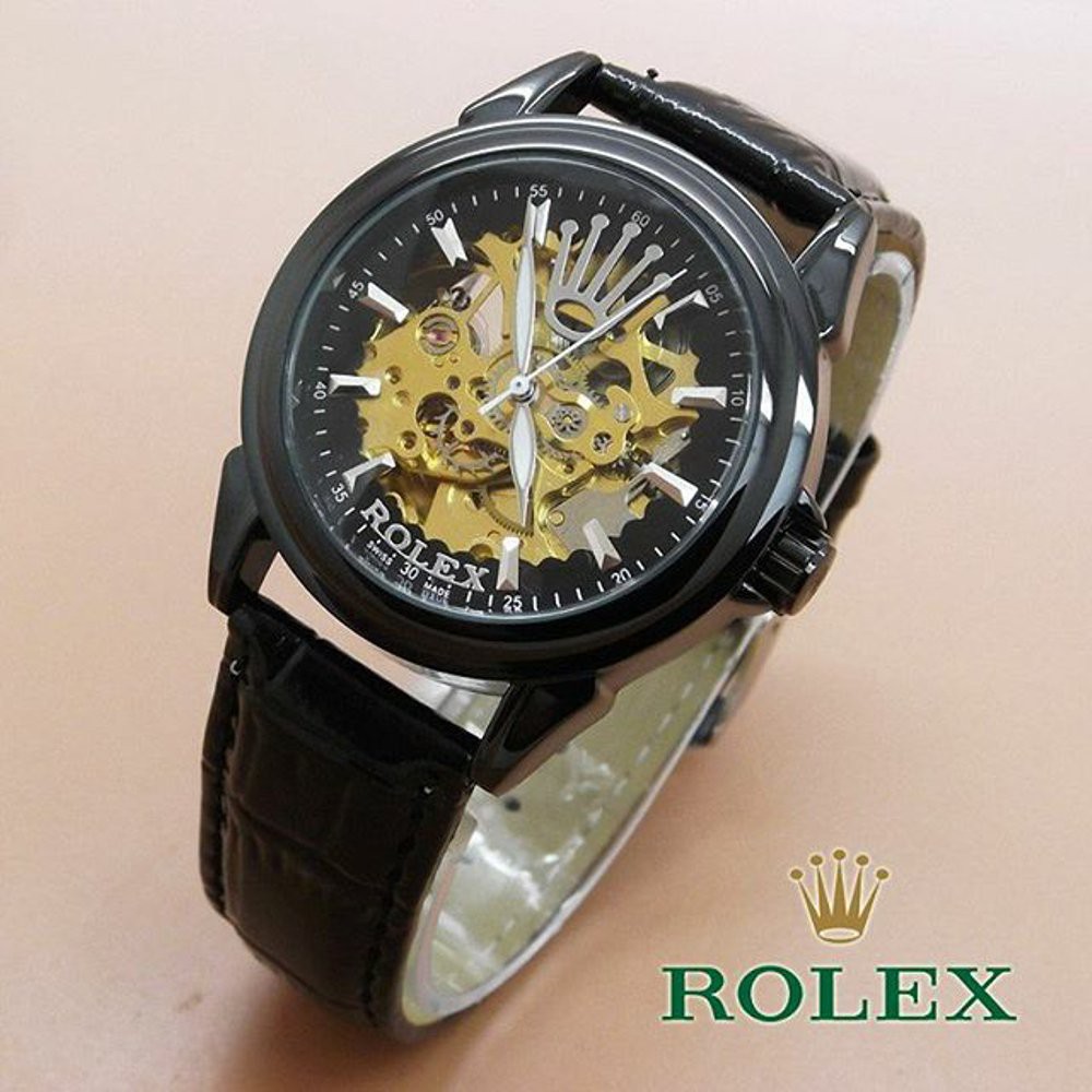 Jam Automatic Rolex R1949 Skeleton Leather Black (hargajam harga jam matic otomatis)