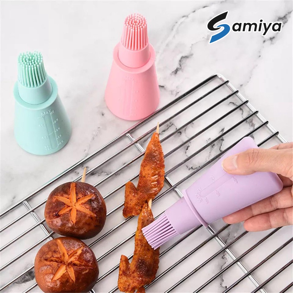 silicone oil brush with lid full color / kuas kue roti tempat bumbu minyak panggang BBQ steak grill