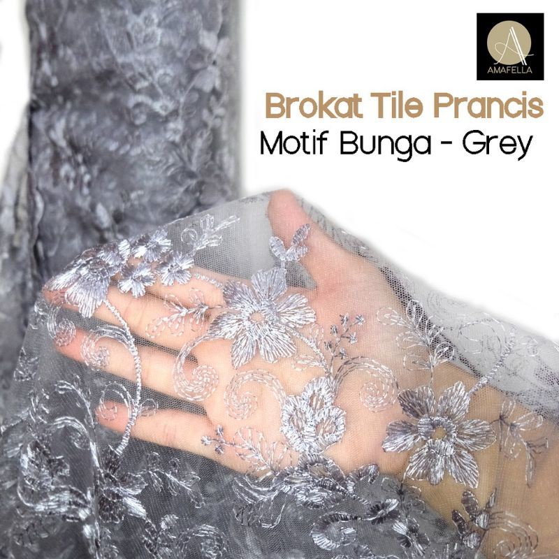 1meter (PANJANG 1 METER LEBAR 1.3)Kain Brukat Premium / Brokat Tile Prancis bahan Kebaya bordir abu 