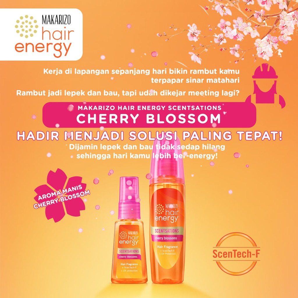 MAKARIZO Hair Energy Scentsations Cherry Blossoms Indonesia / Hair Fragrance 30ml 100ml / ScenTech-F UV Protection Vitamin / Parfum Rambut Parfume Spray Mist Minyak Wangi Pewangi Body Badan / Morning Dew Ocean Breeze White Musk Blue Coast Fresh Bouquet