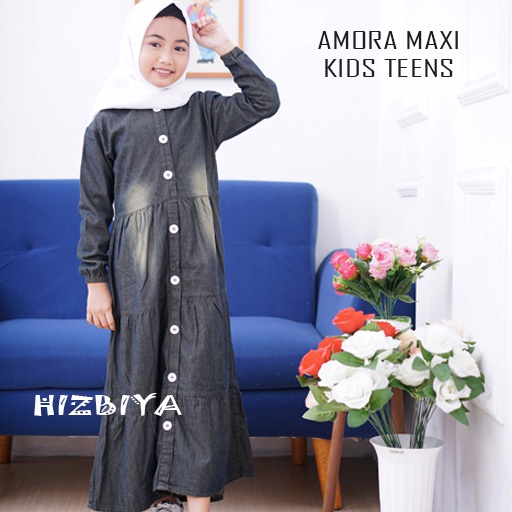 Dress / Gaun Panjang Gamis AMORA Maxi Jeans/gamis Anak Perempuan untuk umur 9thn - 13 thn original by HIZBIYA