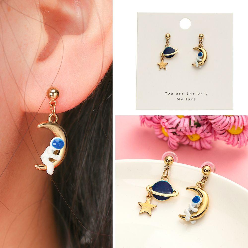 R-flower Astronot Stud Earrings Asimetris 3D Perhiasan Planet Bintang Stud Menjuntai Earrings