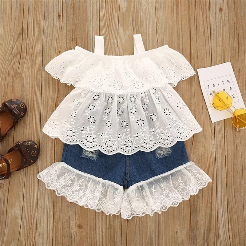 Setelah Atasan Putih Brukat Celana Pendek Jeans Renda 1-7 Thn Anak Perempuan