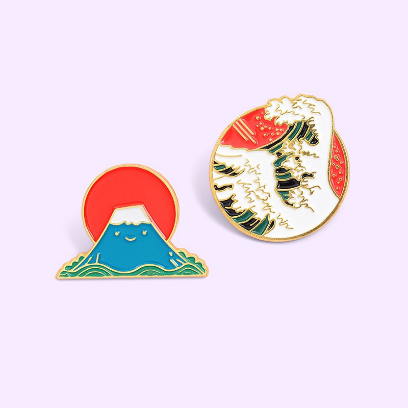 Bros Pin Desain Ilustrasi Gunung Fuji Warna Merah Biru Gaya Jepang Untuk Aksesoris Tas