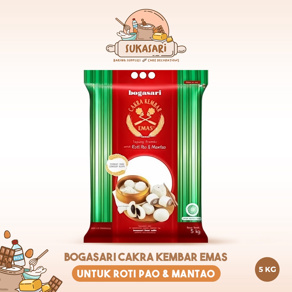 

Sukasari - Tepung Terigu Bogasari 5kg Cakra Kembar Emas / Tepung Roti Pao Mantao Bun