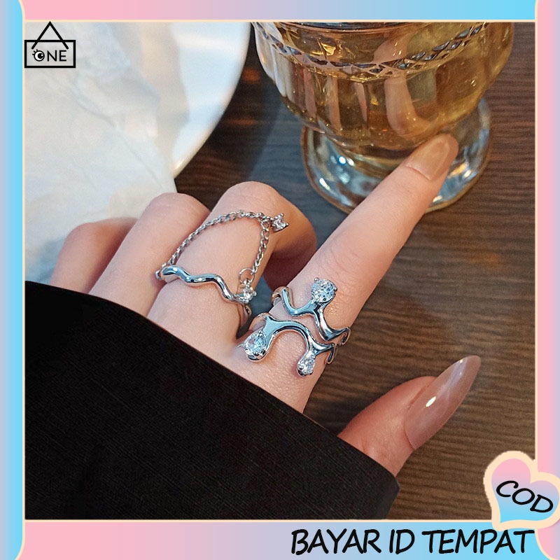 COD❤️Cincin gelombang tidak beraturan wanita cahaya mewah pasang cincin terbuka angin dingin yang dapat disesuaikan