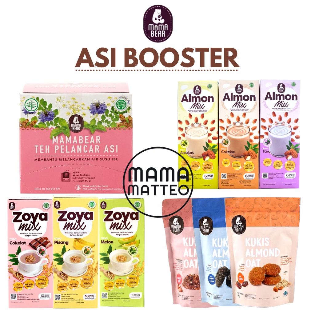 MAMABEAR ZOYA MIX ALMON MIX / MAMA BEAR TEH PELANCAR ASI BOOSTER ORIGINAL LEMONGRASS BLUEBERRY PEACH Mix isi 20 sachet / KUKIS ALMOND OAT / MAMABEAR BANDUNG