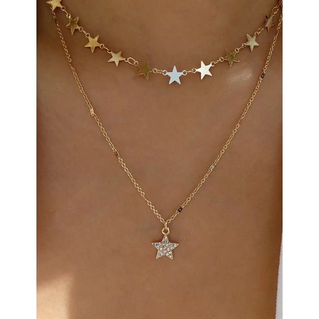 LRC Kalung Fashion Gold Color Alloy Double-layer Diamond Five-pointed Star P82897