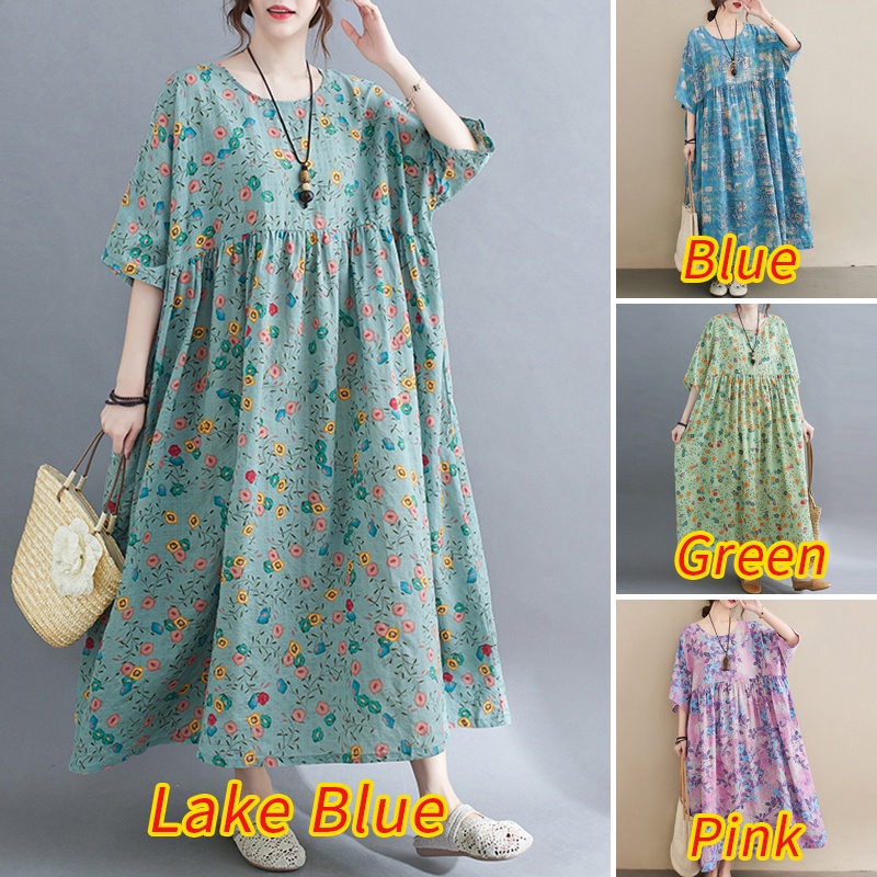 ZANZEA Women Fashion Casual Floral Printed Short Sleeve Holiday Loose Long Dress