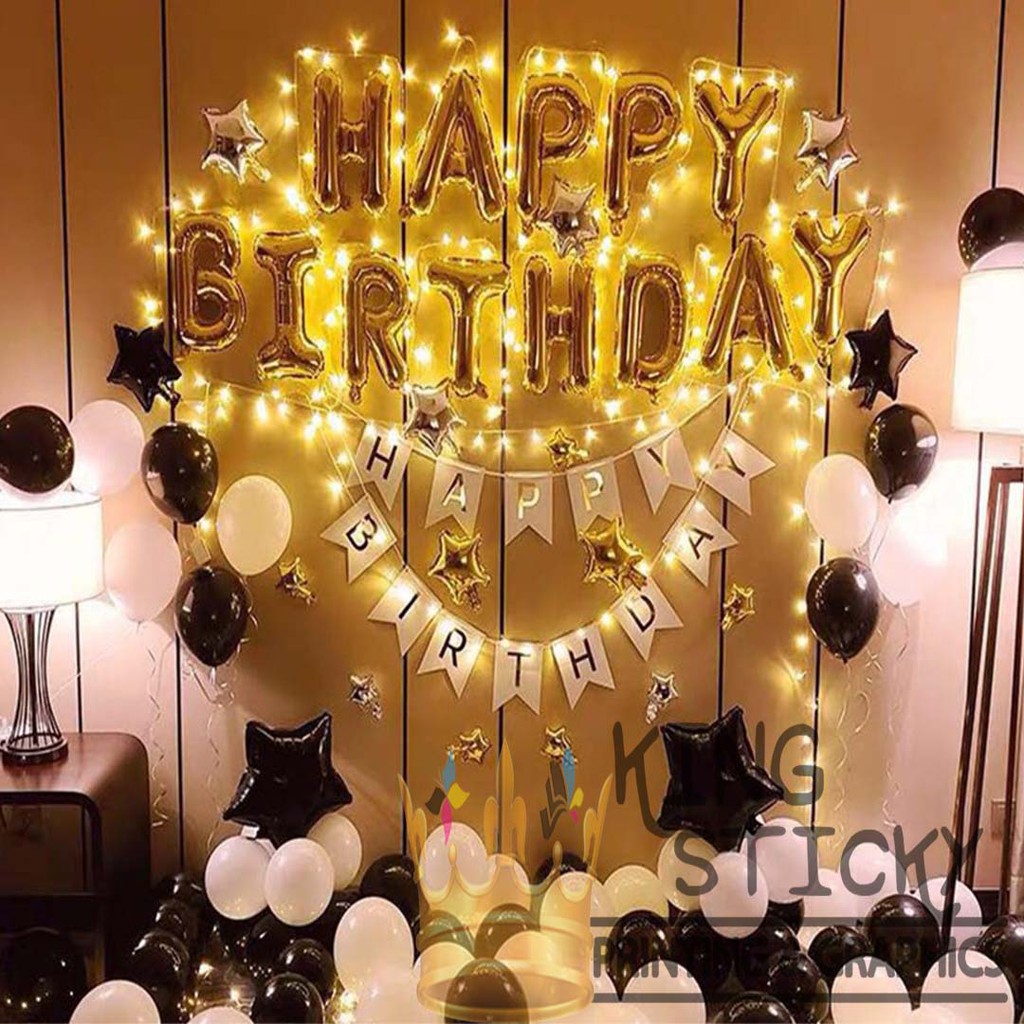 Balon Foil Dekorasi Ulang Tahun Black Gold White Simple | Happy Birthday Black Gold White