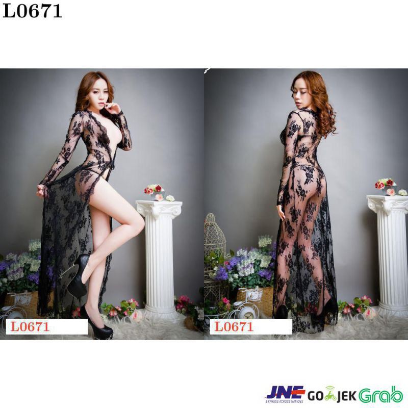 Lingerie Long Gown Hitam Transparan, Lengan Panjang