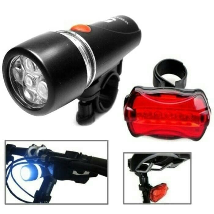 Set Lampu Sepeda Depan Belakang Merah 5 LED Power Beam Warning Light