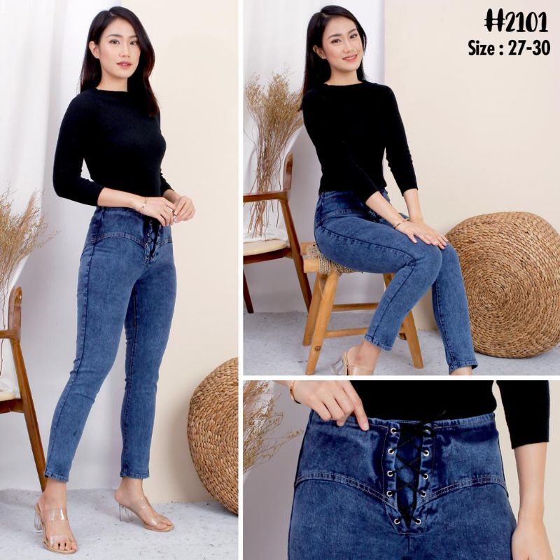 CELANA JEANS WANITA HIGHWAIST/HW PENSIL KANCING TALI SILANG TERBARU