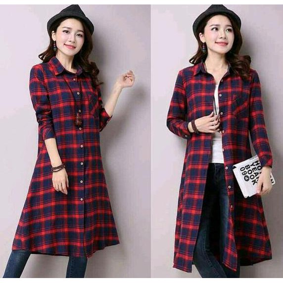 ready tiga warna long kemeja cewek fashion wanita baju perempuan kotak dress dres