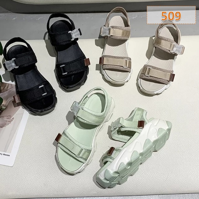 Sandal Gunung Tali Wanita Dreams Fahion Kasual Korea Sol Tebal 5 Cm Hitam Hijau (509)