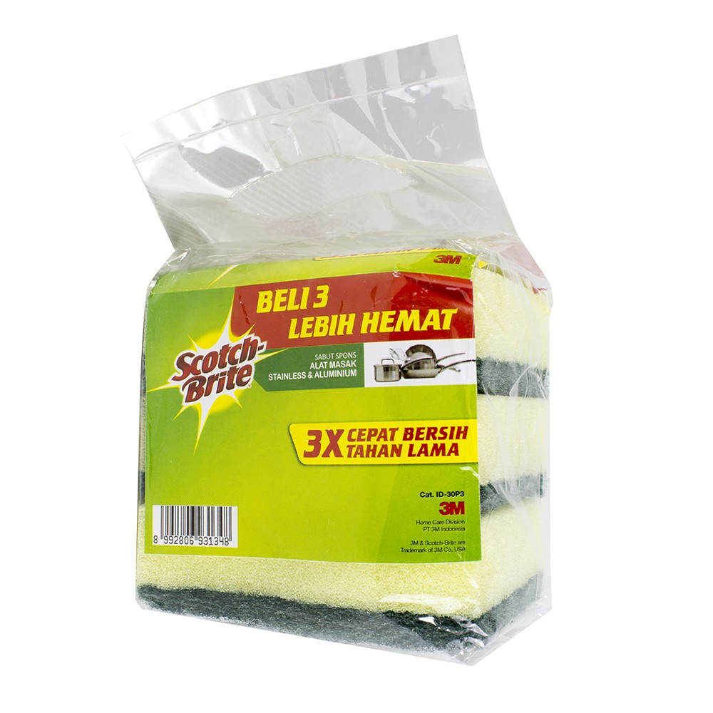 3M Scotch Brite 3 Pcs Sabut Spons Hijau Cuci Piring ID 30P3