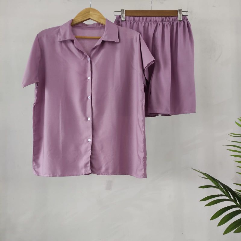 PIYAMA KANCING PENDEK | PIYAMA RAYON | BAJU TIDUR RAYON-KCB LILAC