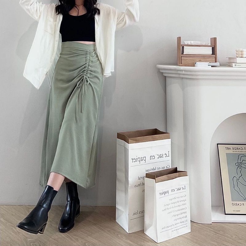 Rok Serut Casual Flowy - Midi Maxi Ruched Skirt - Rok Wanita Korean Look-Green