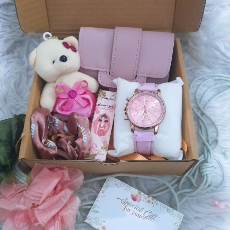 g1) Hampers Kado Cewek Hadiah Ulang Tahun Gift Box Kado Buat Bestie Paket Jam Tangan Wanita Dompet