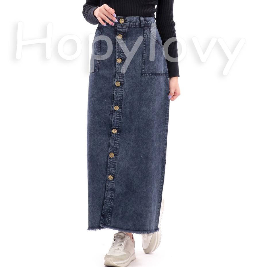 _ Hanya di sini  ZJL - Rok Jeans Panjang Button Up Maxi Skirt Snow Black Nilouh 