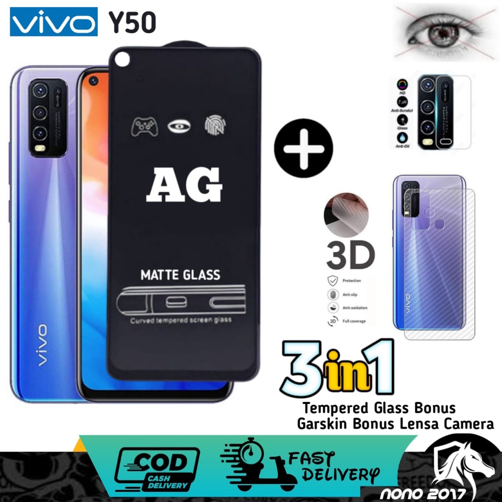 3IN1 TEMPERED GLASS AG MATTE VIVO Y50 Y30 Y91 Y91C Y93 Y95  BONUS LENSA CAMERA+GARSKIN CARBON