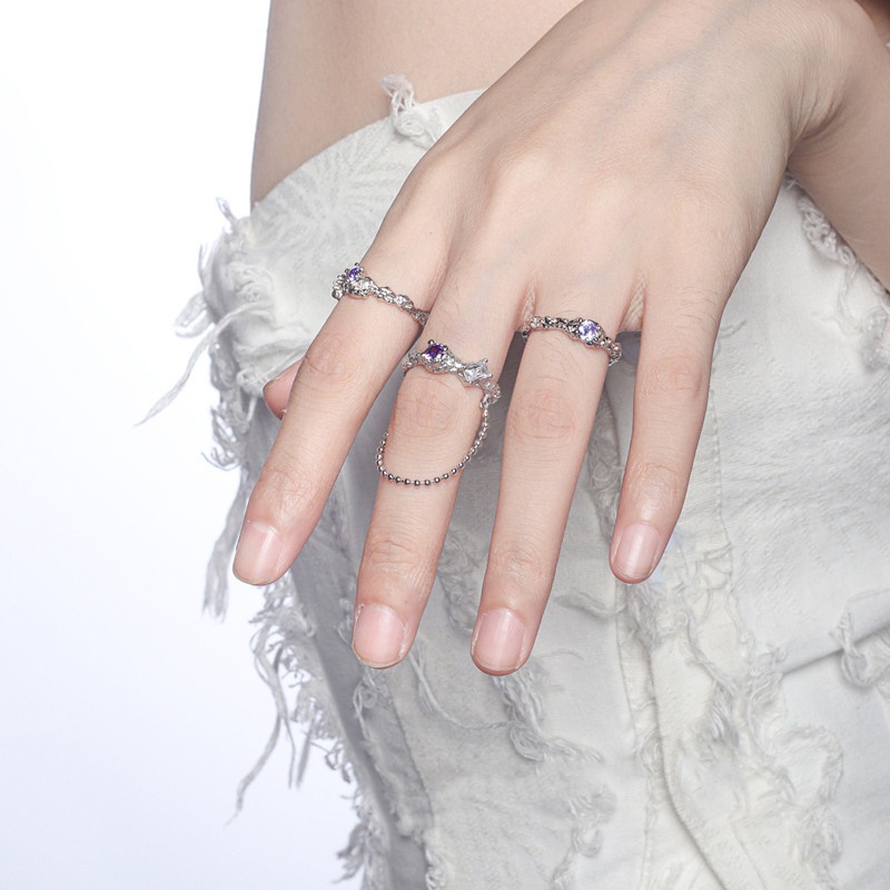 Cincin Model Terbuka Dapat Disesuaikan Aksen Zircon Amethyst Gaya Retro Untuk Perempuan