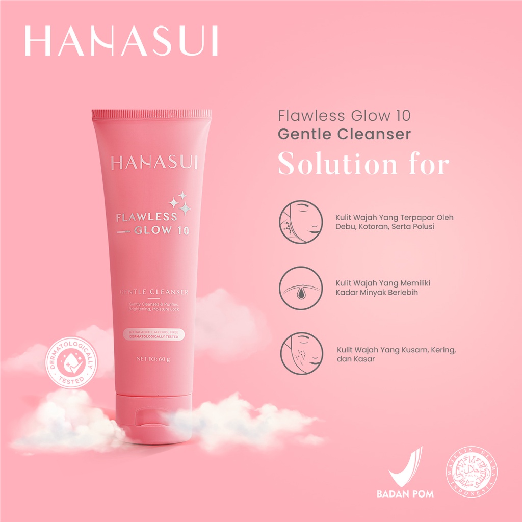 HANASUI Flawless Glow 10 Gentle Cleanser Indonesia / Gently Cleanses &amp; Purifies Brightening Moisture Lock 60g / Sabun Pembersih Wajah Kulit Cuci Muka / Skincare Face Facial Wash Toner Essence Serum Day Night Cream Spot Gel / Paket Acne Treatment Series