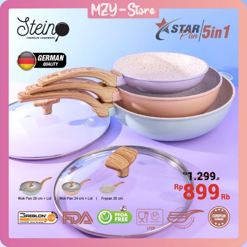 Stein Steincookware Starpan 5 in 1 Star Pan Stein Frypan 20 Wok Pan 24 Wok Pan 28 + 2 Tutup Star Pan