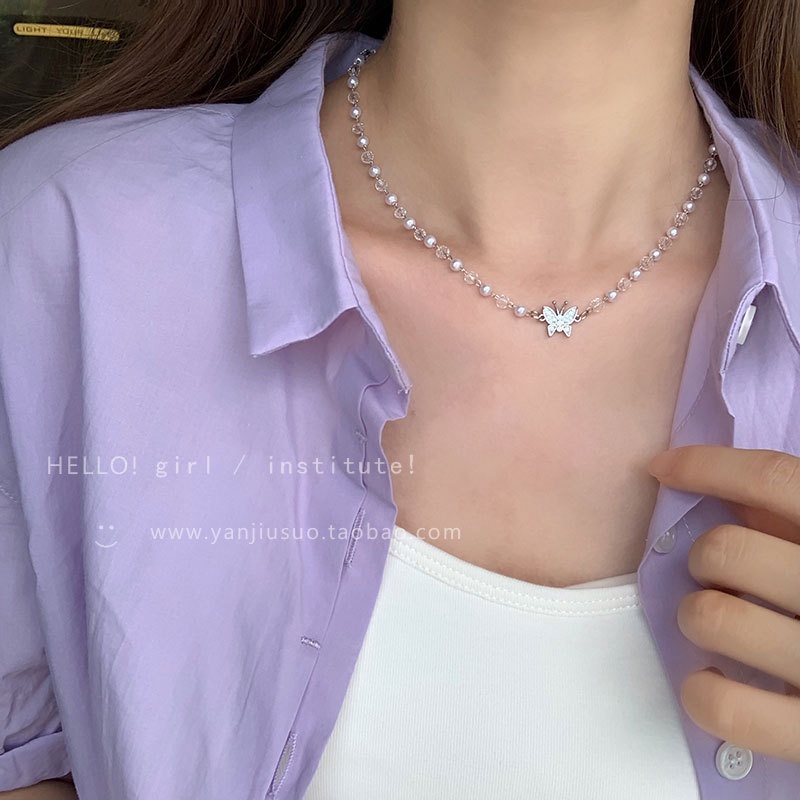 2021 baru Crystal Pearl Kalung kupu-kupu wanita musim panas niche desain sederhana temperamen kalung