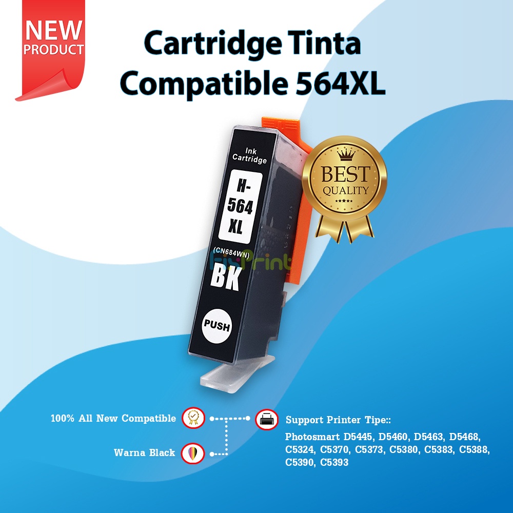 Cartridge Tinta Compatible 564XL Black With Chip, Refill Ink H-564XLB 564 Printer XP Photosmart D5445 D5460 C5324 D7560 Premium C309 C310 Station C510a Plus B209a Officejet 4610 Photosmart D5445 D5460 D5463 D5468 C5324 C5370 C5373 C5380 C5383 D5400 D7560