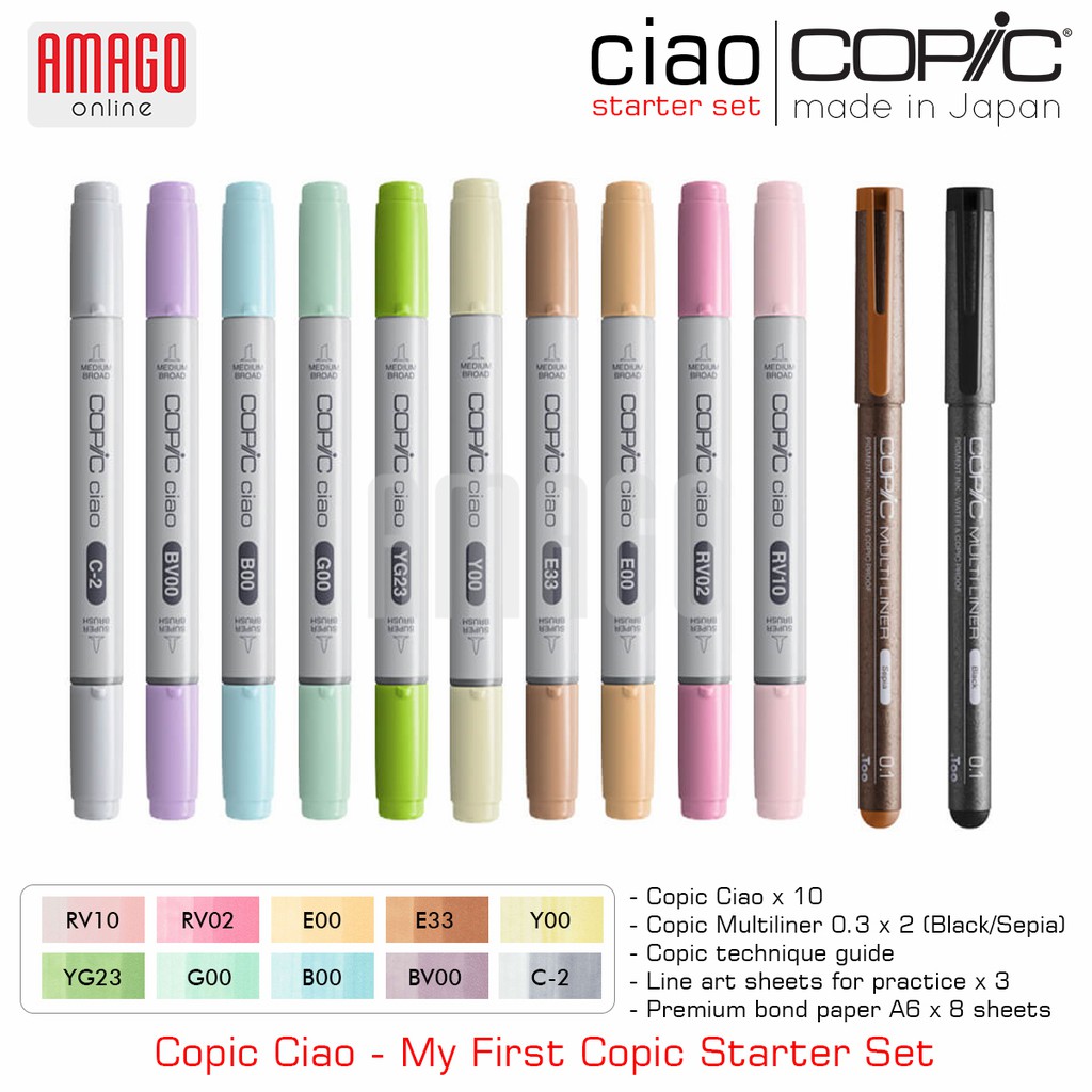 Copic Ciao - My First Copic Starter Set - 10 pcs Copic Ciao + 2 pcs Copic Multiliner Black and Sepia