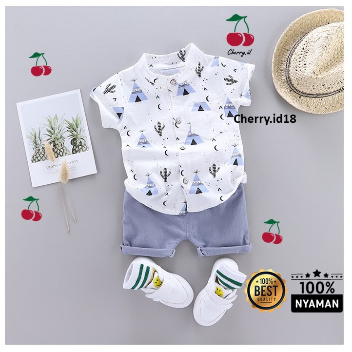 Cherry COD Setelan Kemeja Bayi Import / Setelan Kemeja Anak Import - Motif Piramida KB06