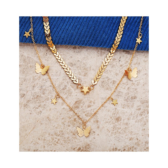 LRC Kalung Fashion Golden Butterfly Pentagram Leaf Chain Multi-layer Necklace K25194