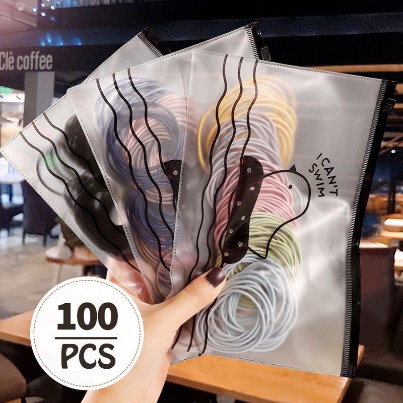 [100 PCS] Ikat Rambut Korea I Can Swim isi 100 pcs Warna Warni + Pouch-1