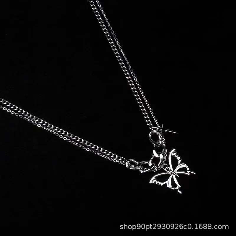 Ins butterfly twin kalung wanita populer Net Merah keren hip hop rasa desain kalung serbaguna musim