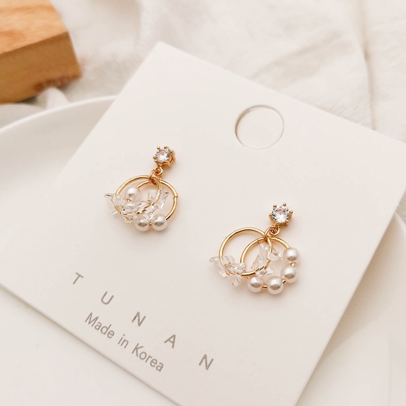 Anting Stud 925 Silver Needle Bentuk Lingkaran Geometris Aksen Mutiara Kristal Gaya Korea Untuk Wanita