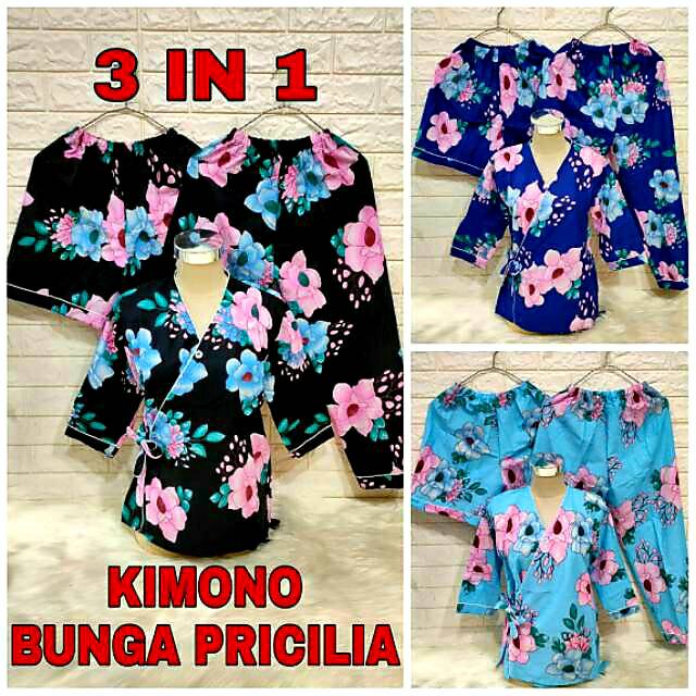  Baju  tidur  piyama cp 3 in 1 kimono  bunga pricilia katun  