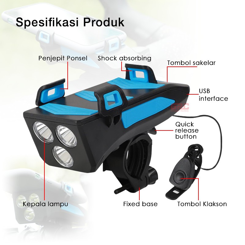 Lampu Sepeda Depan 4 in 1 Phone Bracket Light Bike Bell Power Bank