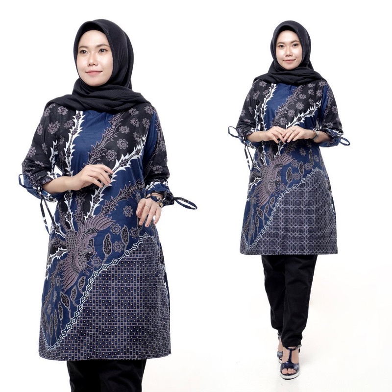 Tunik Batik Wanita Modern Terbaru JUMBO M L XL XXL Atasan Batik Wanita Seragam Murah Riskymabatik-Tunik Catur navy