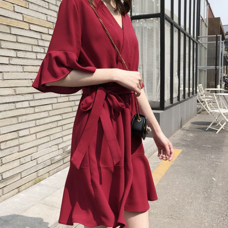 KDR-38 elegant dress with V-neck mid-length dress hitam mustard terusan wanita import korea