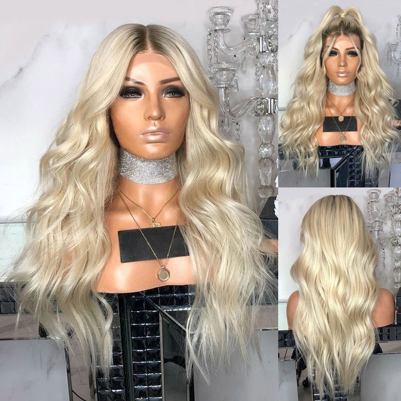 Women Blonde Long Curly Wig Synthetic Wavy Hair Heat Resistant