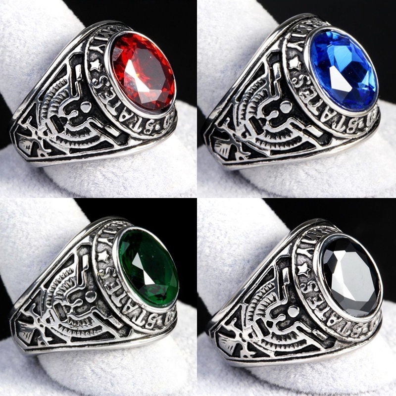 Cincin Elang Militer Vintage Fashion Pria Cincin Logam Safir Putih Alami