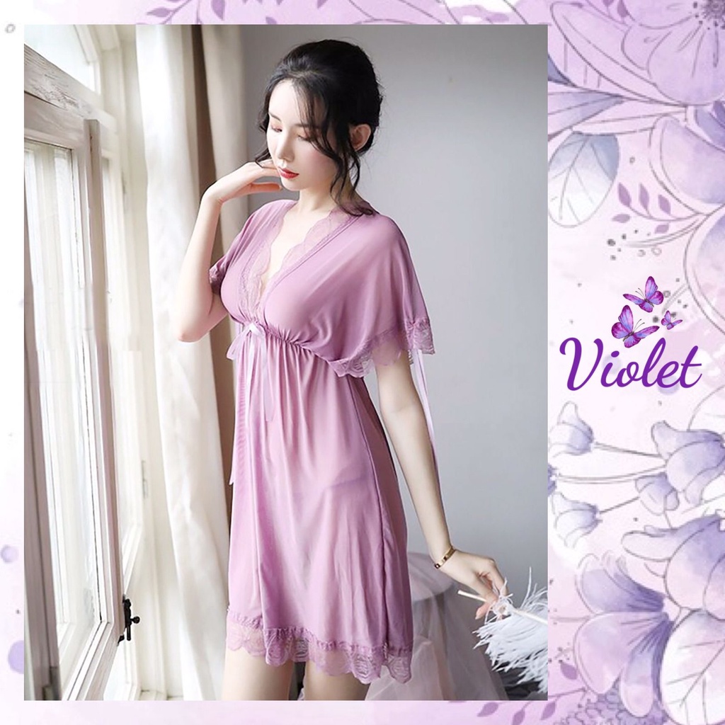 Violet Lingerie Set Wanita V Neck Jumbo + G String Seksi Model Babydoll 1151
