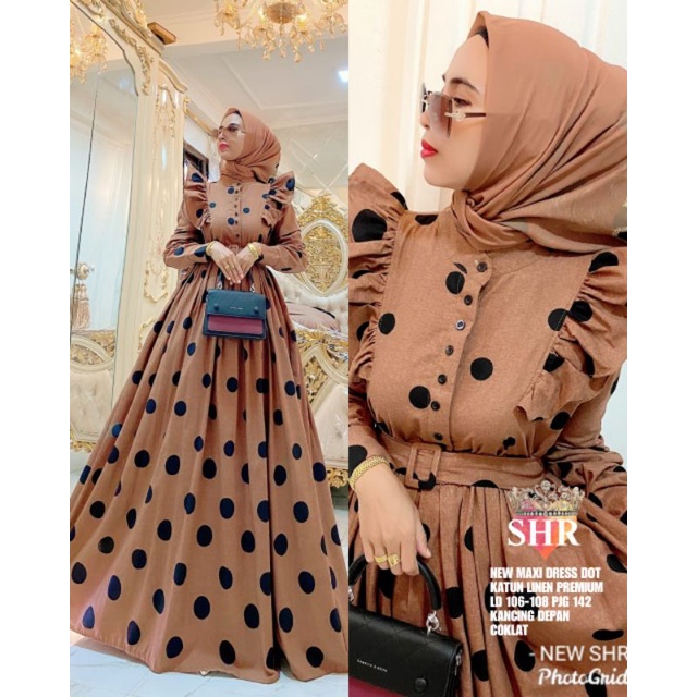 COD !! READY NEW SHR ORI 100% DRESS MAXI KATUN LINEN POLKA DOT REMPEL PREMIUM EID MUBAROK SYAHIRA EDISI LEBARAN-6