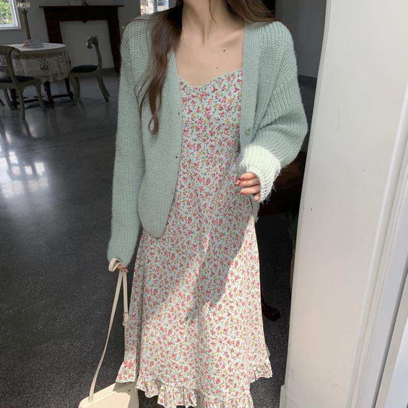 Floral suspender dress wanita mid-length suit rok cardigan sweater set dua potong