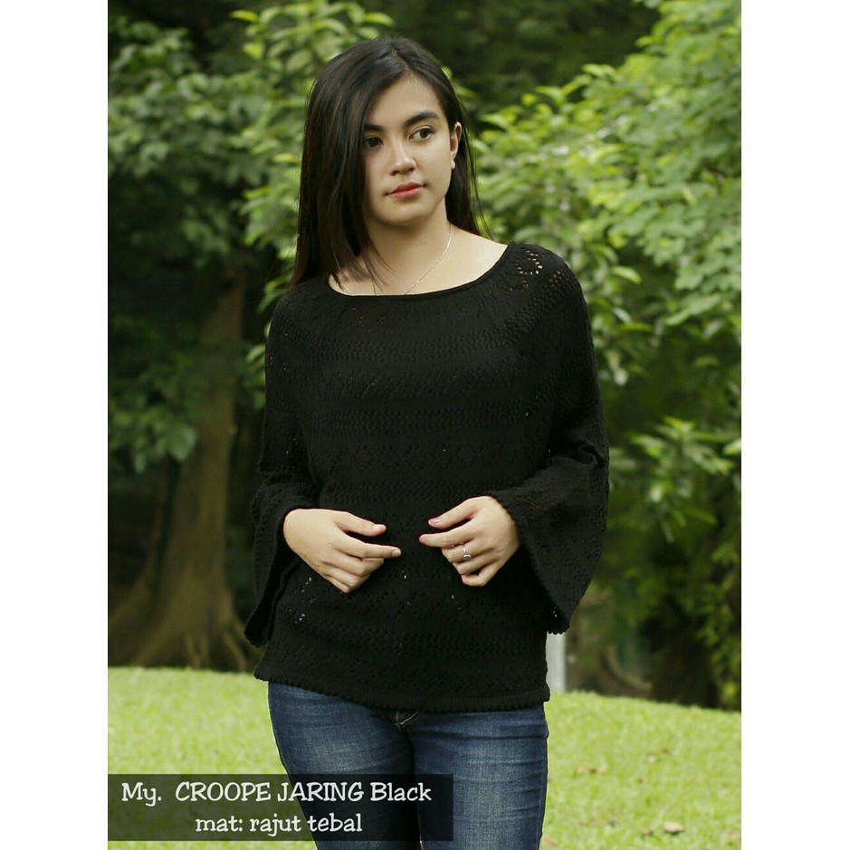 PROMO - Sweater wanita CROP JARING HITAM ORIGINAL